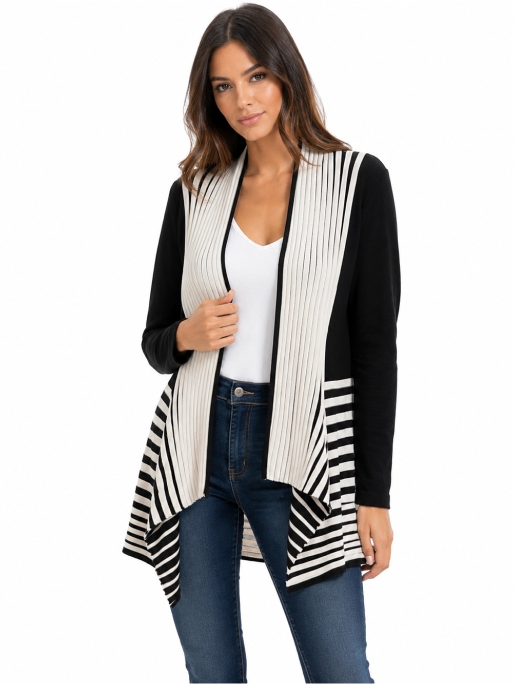 By Design Black White Striped Open Front Drape Cardigan Sweater Size Medium